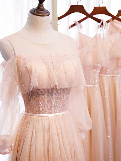 Pink tulle sequins long prom dress  8348