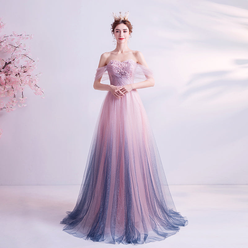 Pink tulle sequins long prom dress evening dress  8249