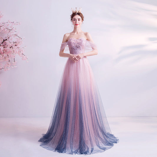 Pink tulle sequins long prom dress evening dress  8249