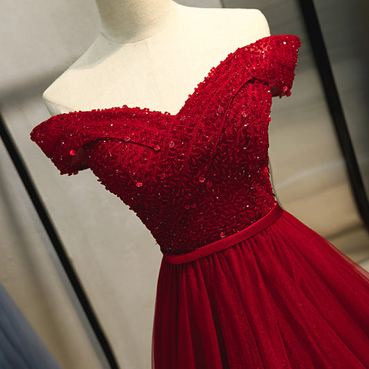 Burgundy tulle beads long prom dress, evening dress  8219