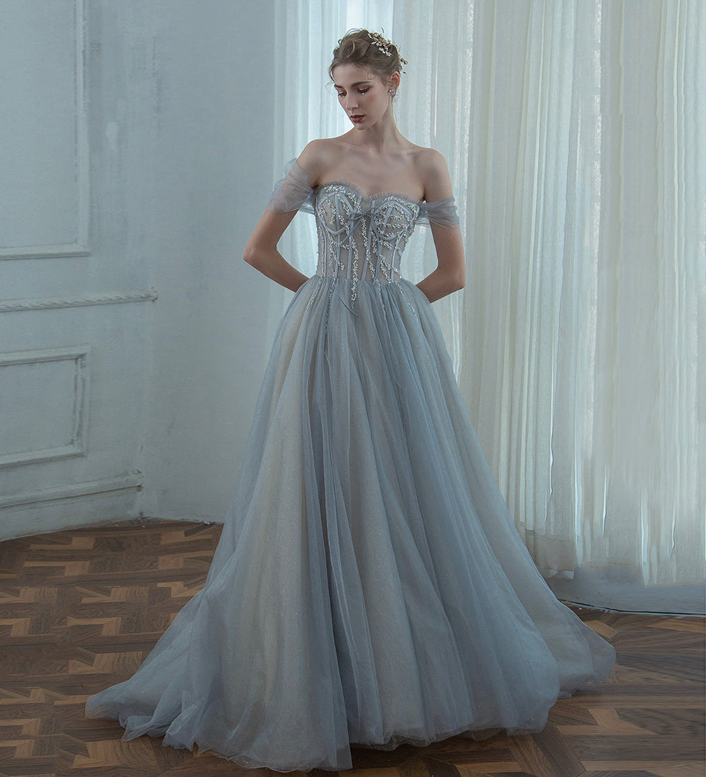 Grey tulle beads long prom dress evening dress  8498