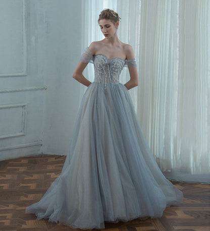 Grey tulle beads long prom dress evening dress  8498