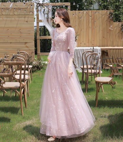Pink tulle sequins long prom dress evening dress  10362