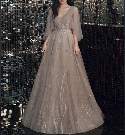 Champagne lace sequins long ball gown dress formal dress  8474