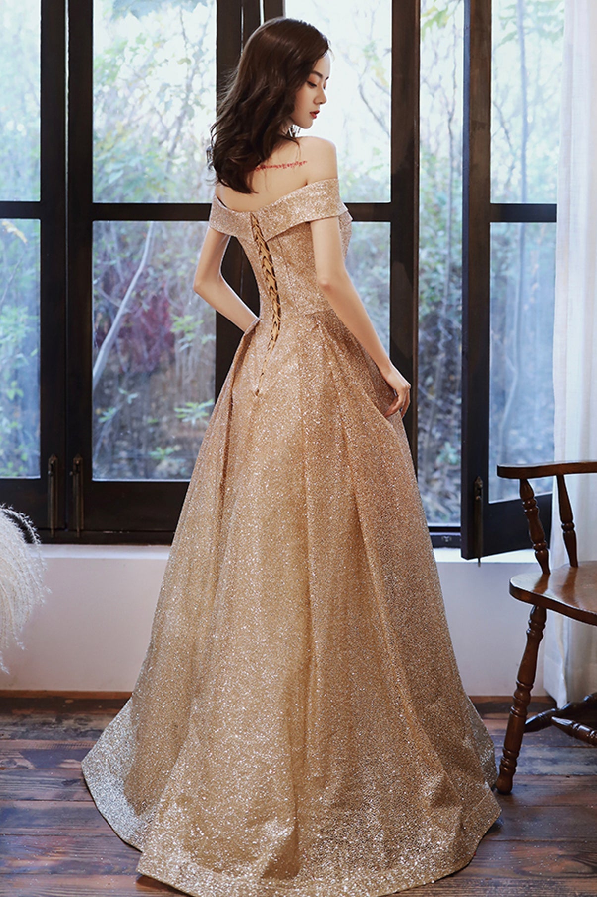 Gold sequins long A line prom dress evening dress  8573