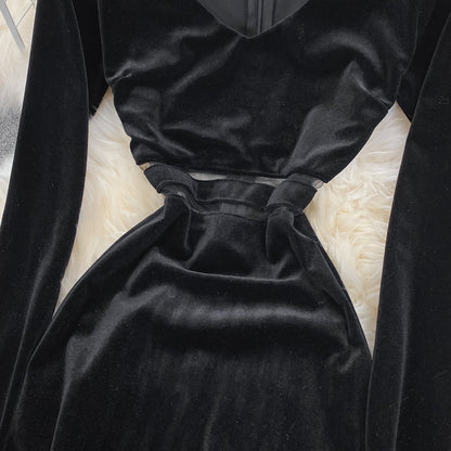 Black V Neck Long Sleeve Dress Fashion Dress  10844