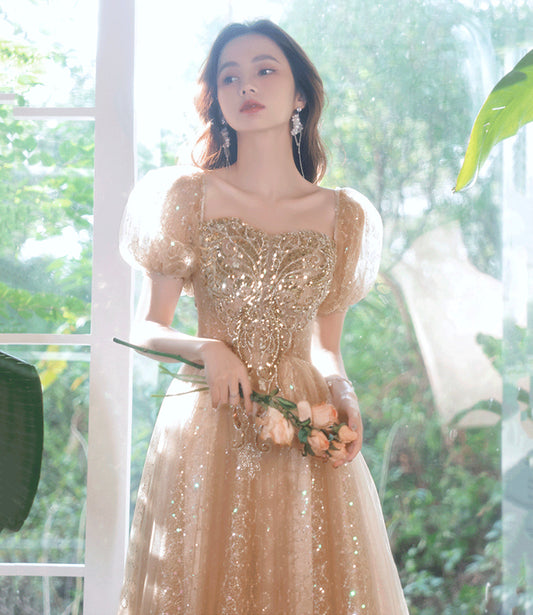 Shiny tulle sequins long prom dress A line evening dress  10389