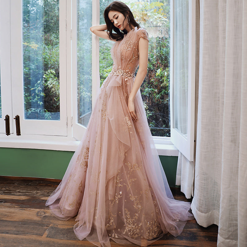 Pink tulle sequins prom dress evening dress  8238