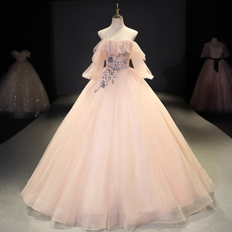 Pink tulle sequins long ball gown dress evening gown  10093