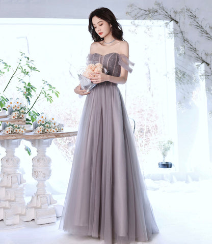 Cute tulle beads long prom dress A line evening gown  10319