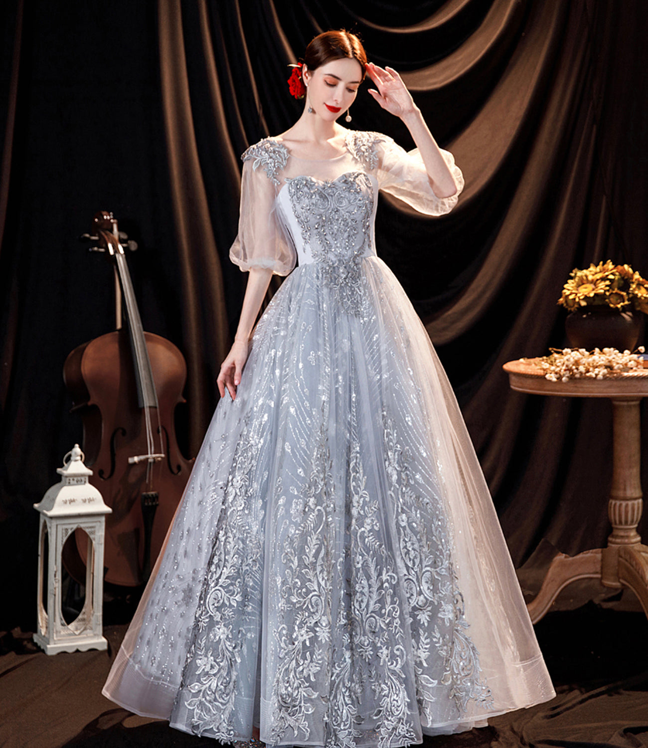 Gray tulle lace long prom dress A line evening gown  10508