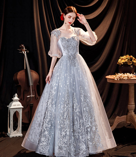 Gray tulle lace long prom dress A line evening gown  10508