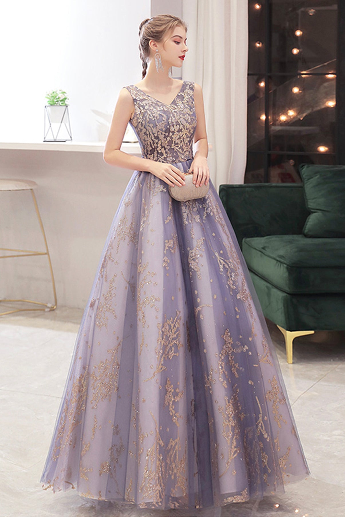 Stylish v neck tulle sequins long ball gown dress  8717