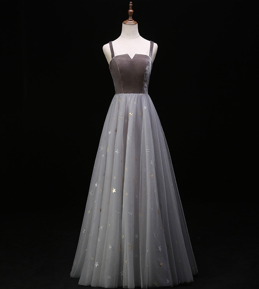 Gray velvet tulle prom dress evening dress  8390