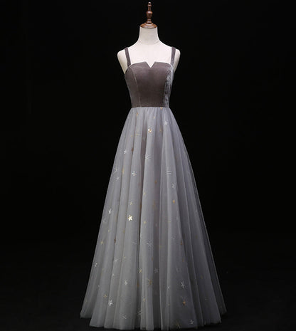 Gray velvet tulle prom dress evening dress  8390