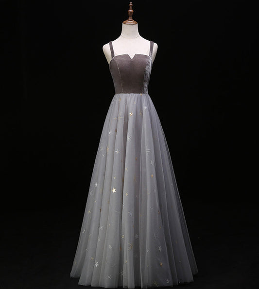 Gray velvet tulle prom dress evening dress  8390