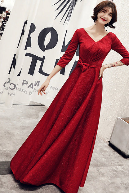 Burgundy v neck long A line prom dress evening dress  8758