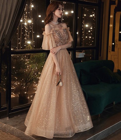 Gold sequins long A line prom dress evening dress  8859