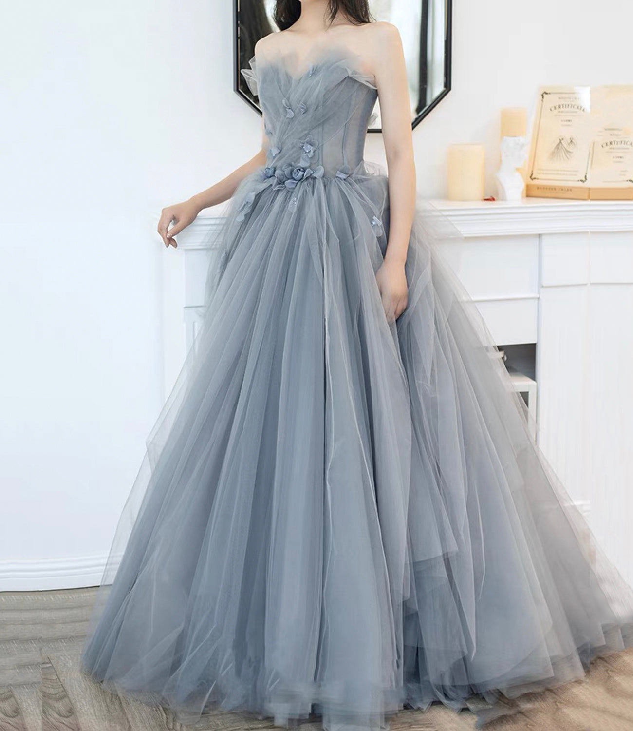 Gray tulle applique long prom dress A line evening gown  10485