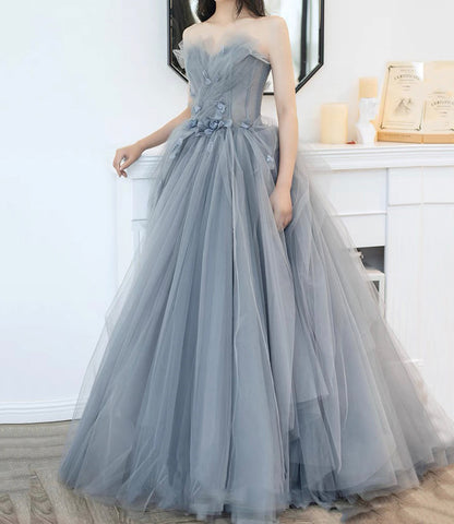 Gray tulle applique long prom dress A line evening gown  10485