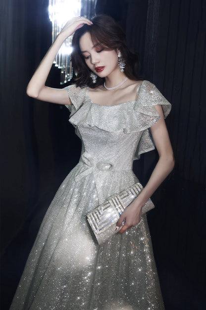 Silver sequins long prom dress shiny evening dress  8509