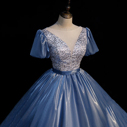Blue satin long ball gown dress blue evening gown  10092