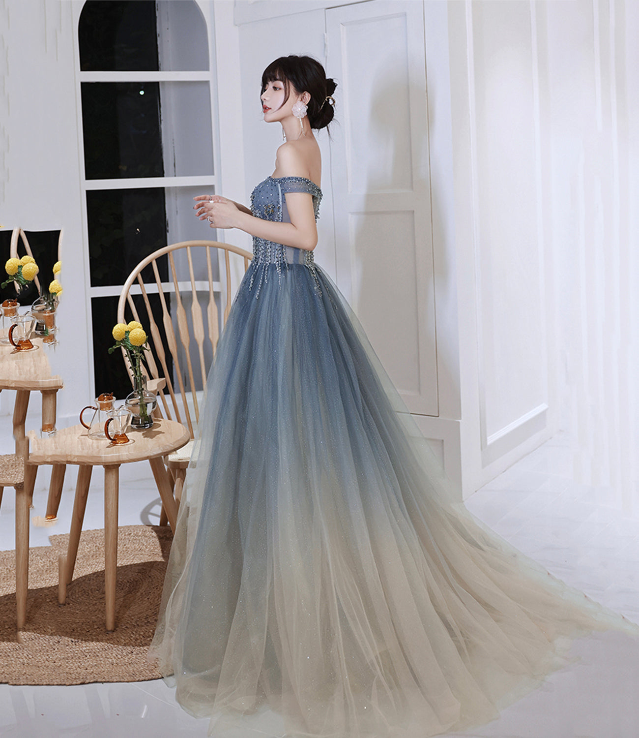 Gray tulle beads long prom dress evening dress  8991