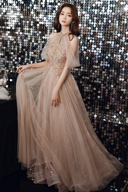 Champagne tulle sequins long A line prom dress evening dress  8683