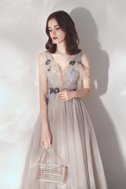 Cute v neck tulle long prom dress evening dress  8594