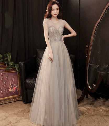 Cute tulle beads long prom dress A line evening gown  10279