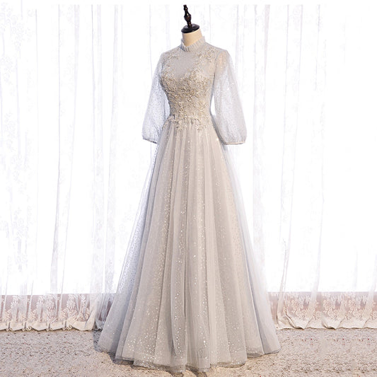 Gray lace sequins long prom gown evening dress  8964