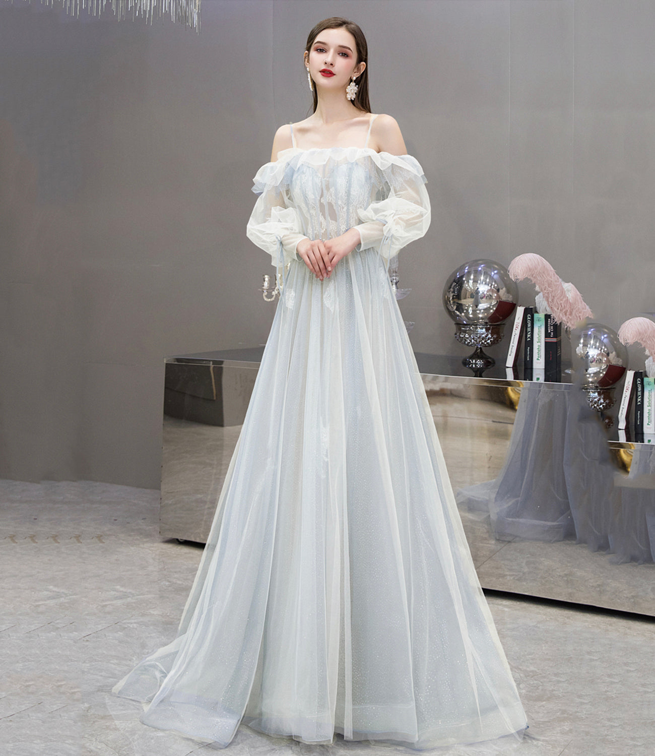 Cute tulle lace long prom dress A line evening dress  10476
