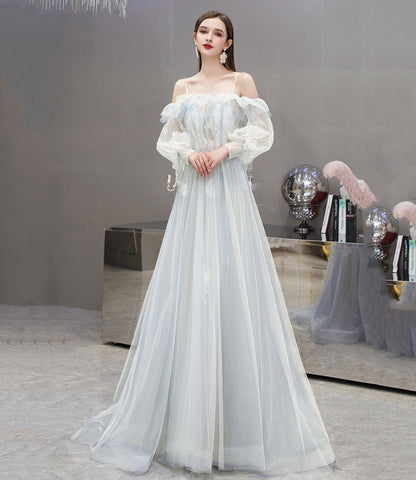 Cute tulle lace long prom dress A line evening dress  10476