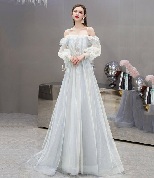Cute tulle lace long prom dress A line evening dress  10476