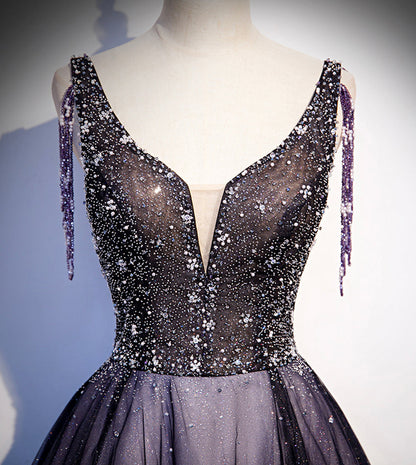 Purple v neck tulle beads long prom dress evening dress  8556