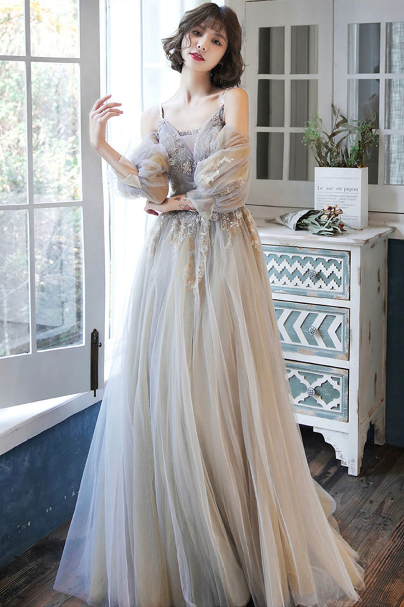 Cute tulle lace long prom dress A line evening dress  10171