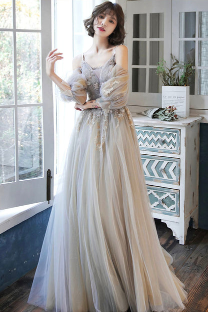 Cute tulle lace long prom dress A line evening dress  10171