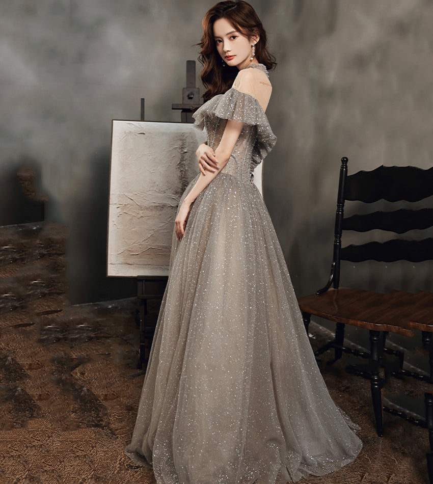 Gray tulle sequins long ball gown dress formal dress  8558