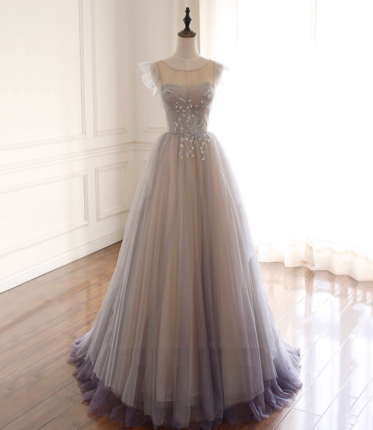 Lilac Elegant Cute Beaded Long Tulle Ball Gown A-Line Evening Dress 10572
