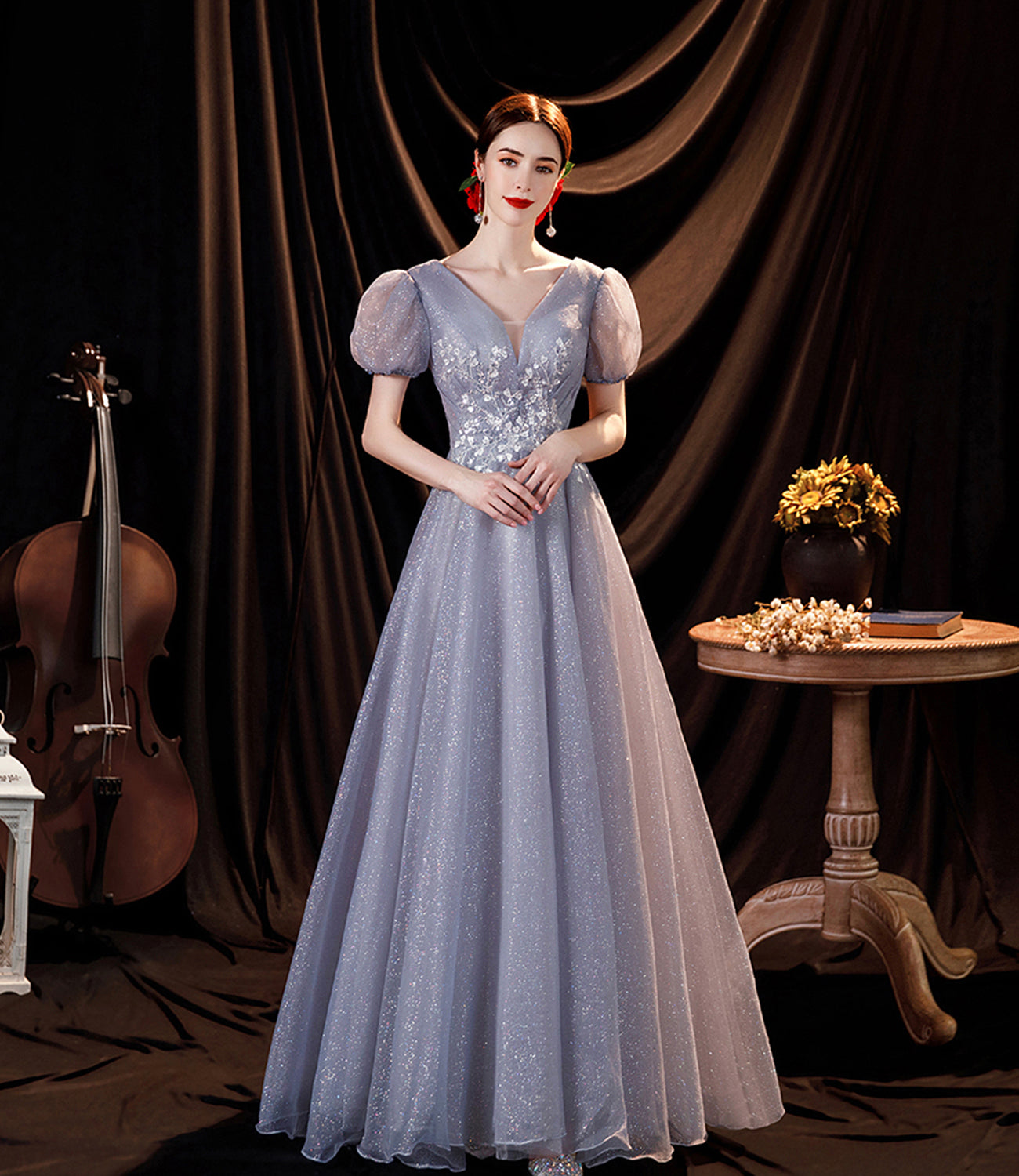 Gray tulle sequins long A line prom dress evening dress  8814