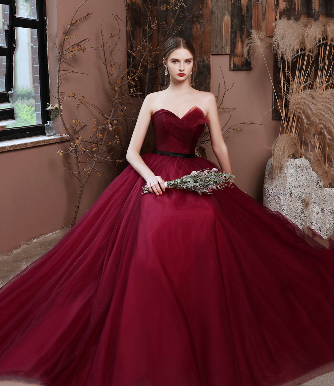 Burgundy off shoulder long A line prom dress evening dress  8797