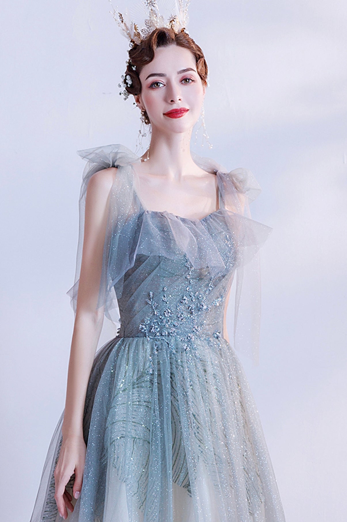 Cute tulle long A line prom dress evening dress  8703