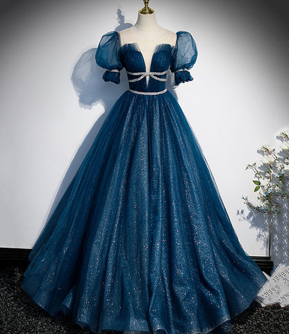 Shiny tulle sequins long prom dress A line evening gown  10380