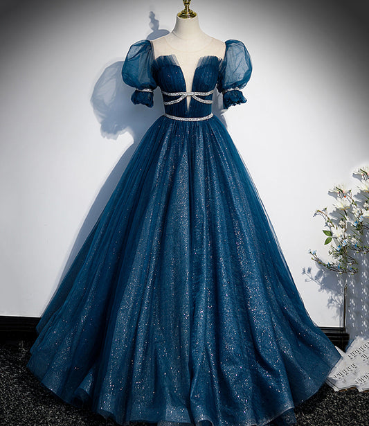 Shiny tulle sequins long prom dress A line evening gown  10380