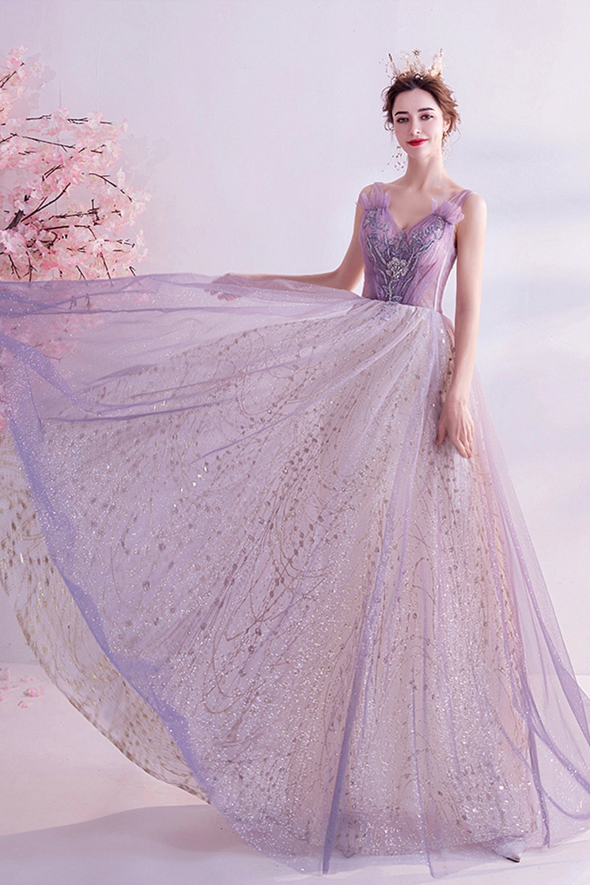 Purple tulle long A line prom dress evening dress  8739