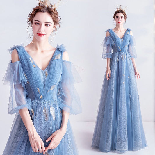 Blue v neck tulle long prom dress A line evening dress  10144