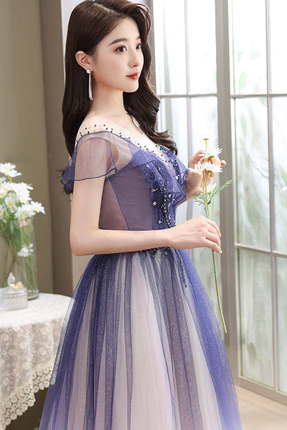 Cute tulle long A line prom dress cute evening dress  8666