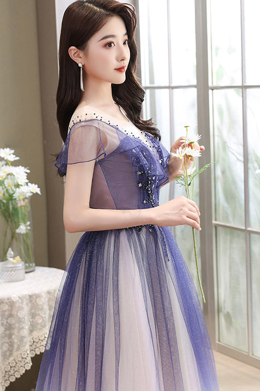 Cute tulle long A line prom dress cute evening dress  8666