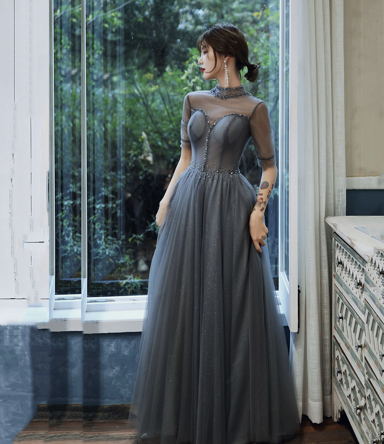 Gray tulle beads long prom dress A line evening gown  10278