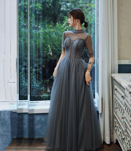 Gray tulle beads long prom dress A line evening gown  10278